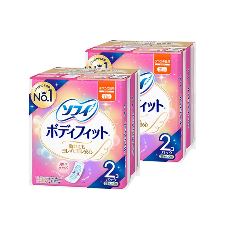 Unicharm sofy BF sanitary pad day use without wing 28px2x18 Unicharm 尤妮佳无添加贴身日用21CM柔棉轻薄干爽网面卫生巾 ユニチャーム ソフィボディフィット 羽なし 28枚×2