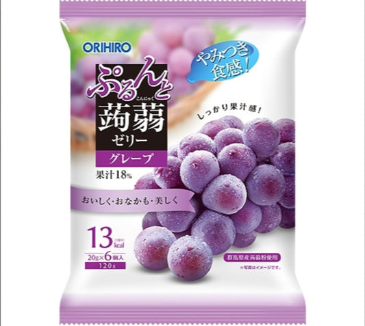 Orihiro prunto konjac jelly grape 6pcs 120gx24 Orihirozhi 蒟蒻果汁果冻  葡萄味 オリヒロ ぷるんと蒟蒻ゼリーパウチ グレープ