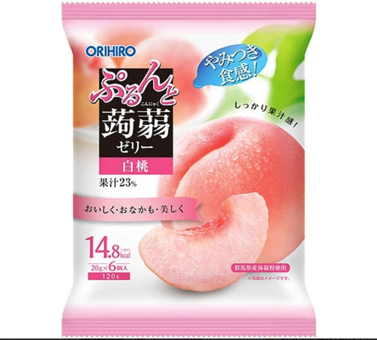 Orihiro prunto konjac jelly peach 6pcs 120gx24 Orihirozhi 蒟蒻果汁果冻   白桃味 オリヒロ ぷるんと蒟蒻ゼリーパウチ 白桃